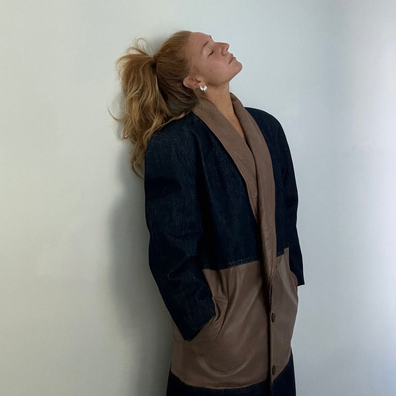 DENIM/LEATHER MAXI COAT