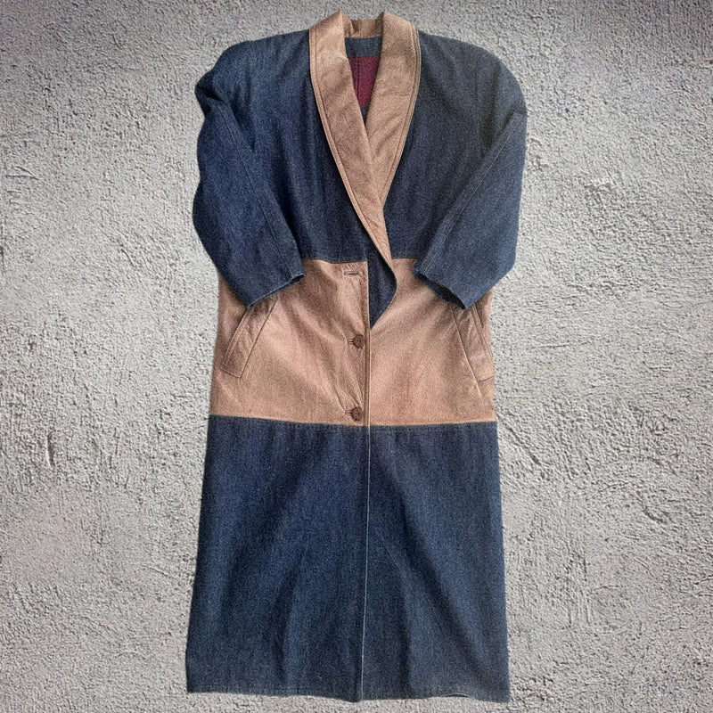 DENIM/LEATHER MAXI COAT